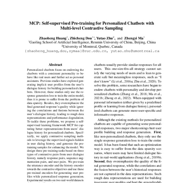 Mcp self supervised pre training for personalized chatbots with multi