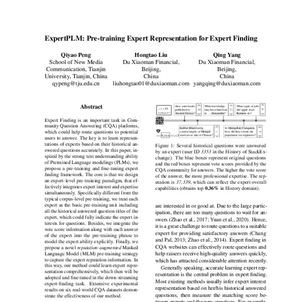 ExpertPLM: Pre-training Expert Representation for Expert Finding - ACL ...