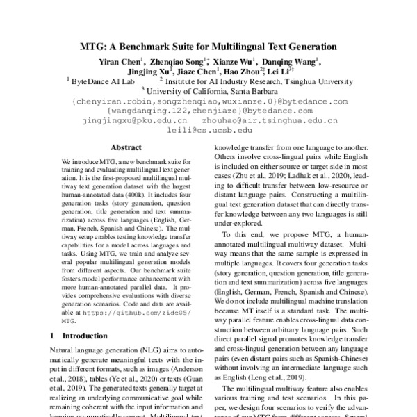 MTG: A Benchmark Suite for Multilingual Text Generation - ACL Anthology