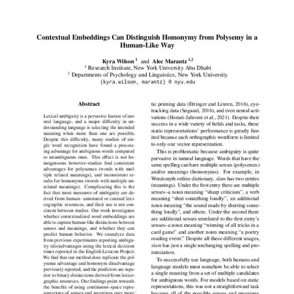 View of Contextual Embeddings Can Distinguish Homonymy from Polysemy in a Human ...