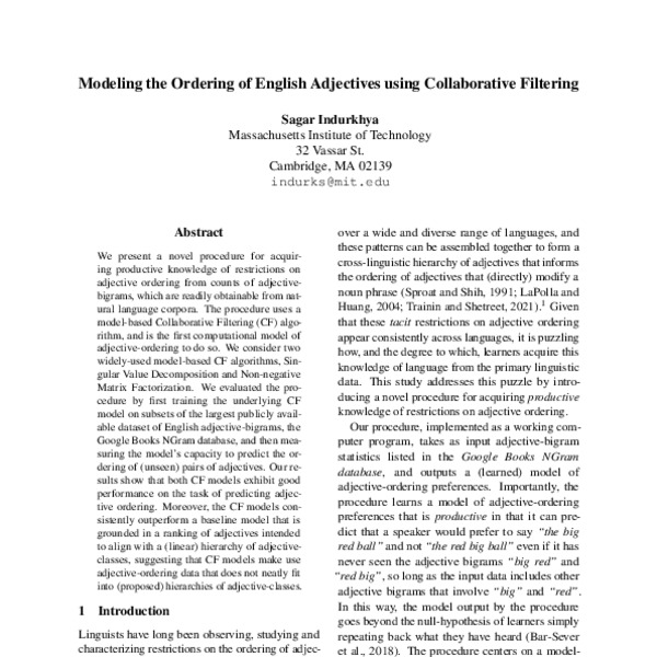 Modeling the Ordering of English Adjectives using Collaborative ...