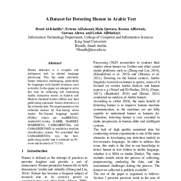A Dataset for Detecting Humor in Arabic Text - ACL Anthology