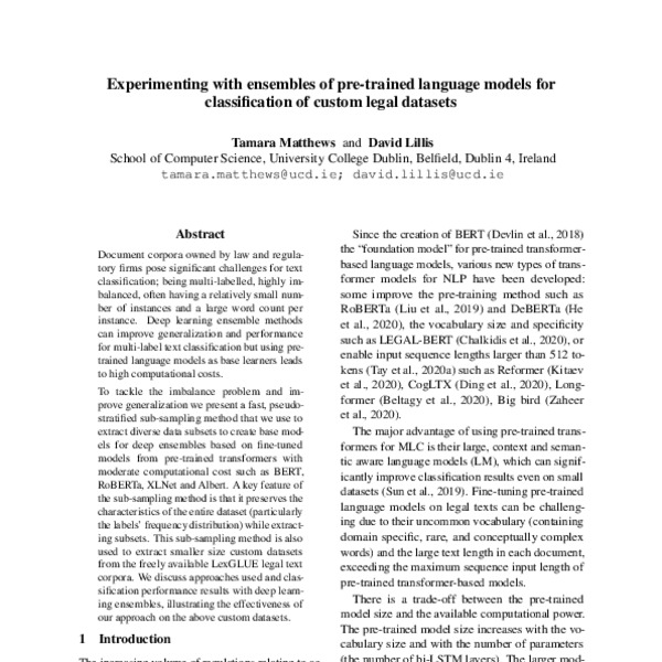 Experimenting With Ensembles Of Pre Trained Language Models For Classification Of Custom Legal