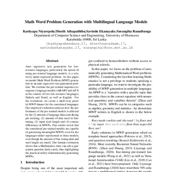 Math Word Problem Generation With Multilingual Language Models Acl Anthology