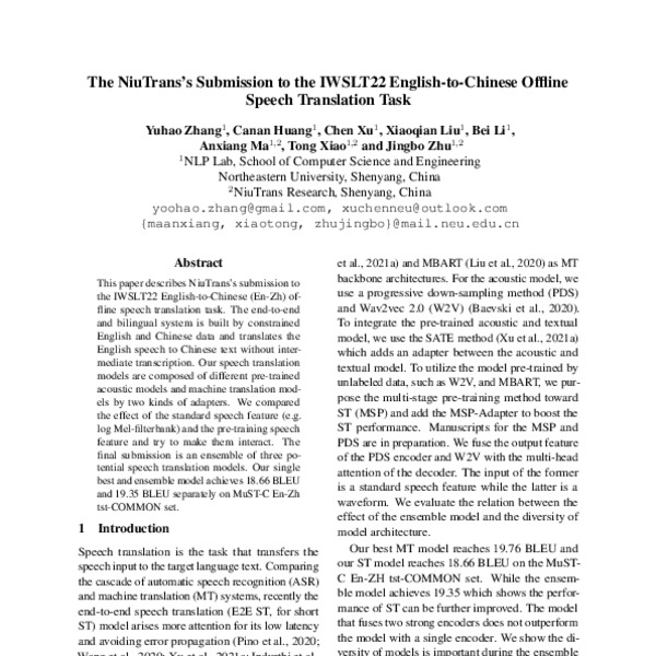 The NiuTrans’s Submission to the IWSLT22 English-to-Chinese Offline ...