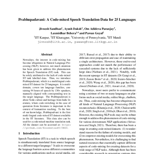 Prabhupadavani A Code Mixed Speech Translation Data For Languages Acl Anthology