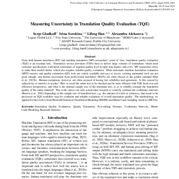 Measuring Uncertainty in Translation Quality Evaluation (TQE) - ACL ...