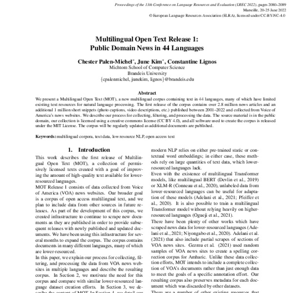 Multilingual Open Text Release 1: Public Domain News in 44 Languages ...
