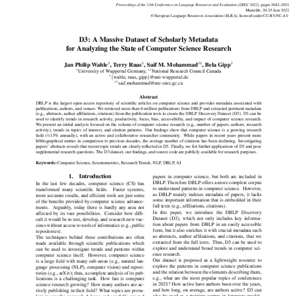 D3 A Massive Dataset of Scholarly Metadata for Analyzing the State of