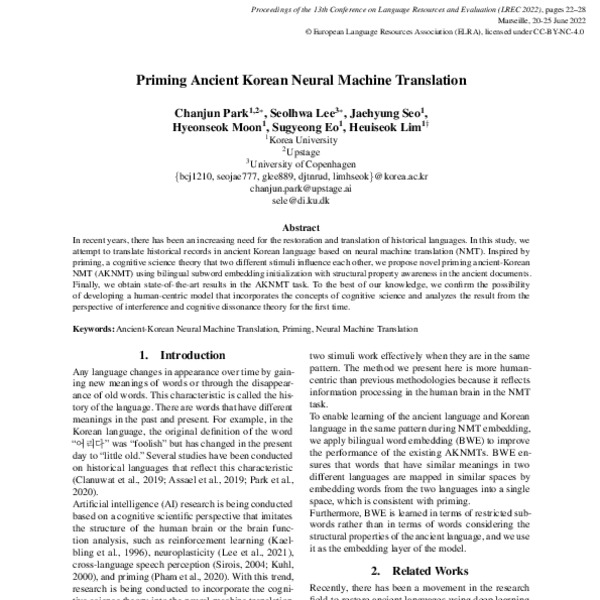 Priming Ancient Korean Neural Machine Translation - ACL Anthology