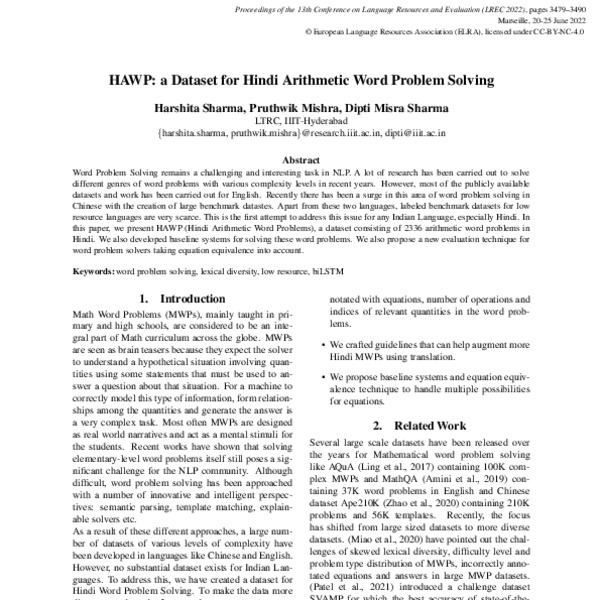 HAWP: a Dataset for Hindi Arithmetic Word Problem Solving - ACL Anthology