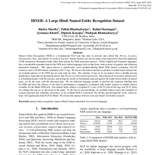 HiNER: A large Hindi Named Entity Recognition Dataset - ACL Anthology