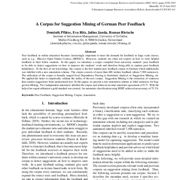 A Corpus for Suggestion Mining of German Peer Feedback - ACL Anthology