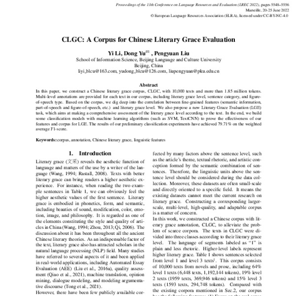 CLGC: A Corpus for Chinese Literary Grace Evaluation - ACL Anthology