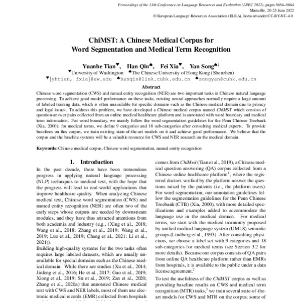ChiMST: A Chinese Medical Corpus for Word Segmentation and Medical Term ...