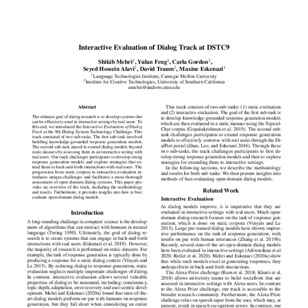 Interactive Evaluation of Dialog Track at DSTC9 ACL Anthology