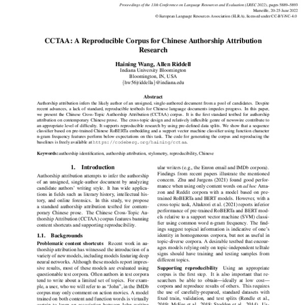 CCTAA: A Reproducible Corpus for Chinese Authorship Attribution ...