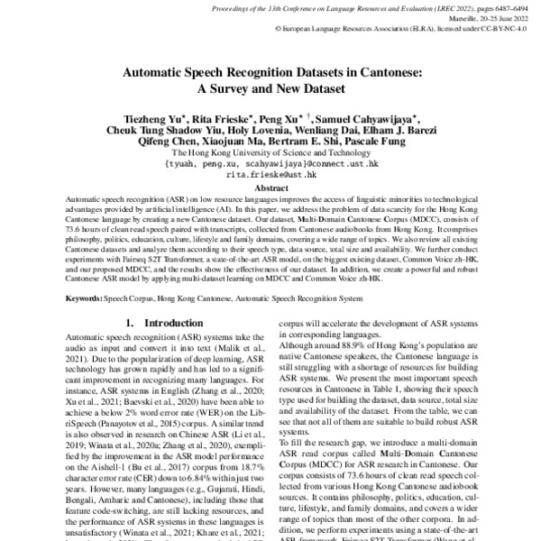 Automatic Speech Recognition Datasets in Cantonese: A Survey and New ...