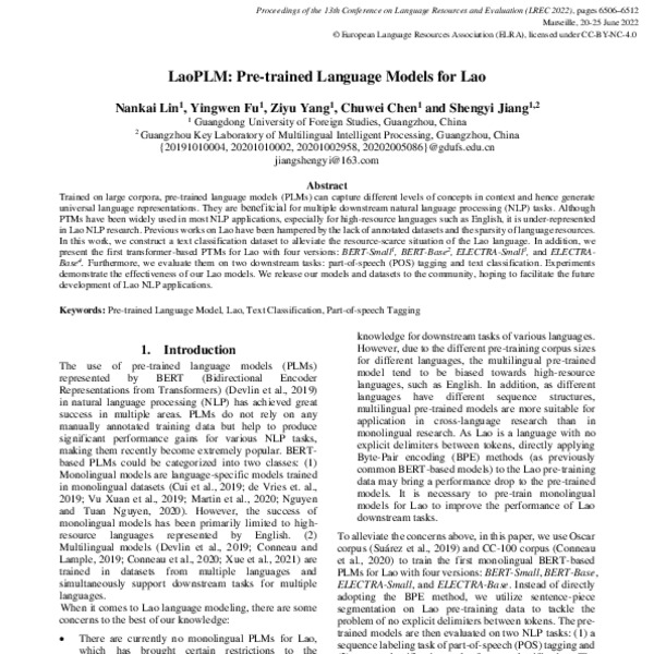LaoPLM: Pre-trained Language Models for Lao - ACL Anthology