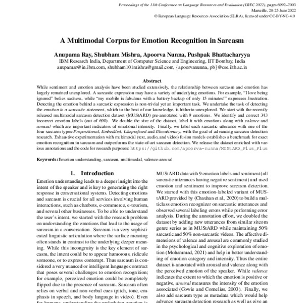 A Multimodal Corpus for Emotion Recognition in Sarcasm - ACL Anthology