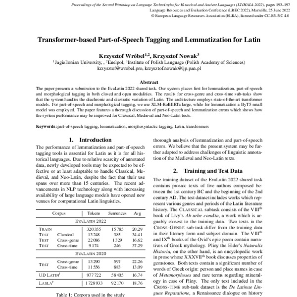 Transformer-based Part-of-Speech Tagging and Lemmatization for