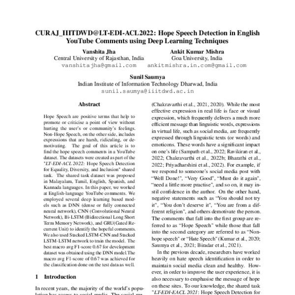 CURAJ_IIITDWD@LT-EDI-ACL 2022: Hope Speech Detection in English YouTube ...