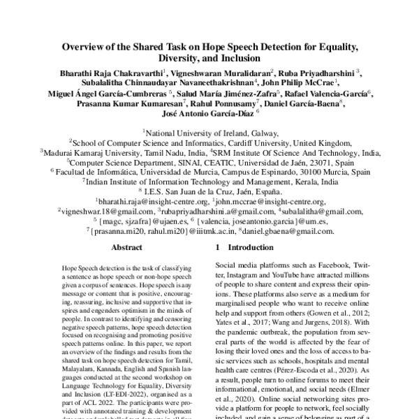 Overview of the Shared Task on Hope Speech Detection for Equality ...