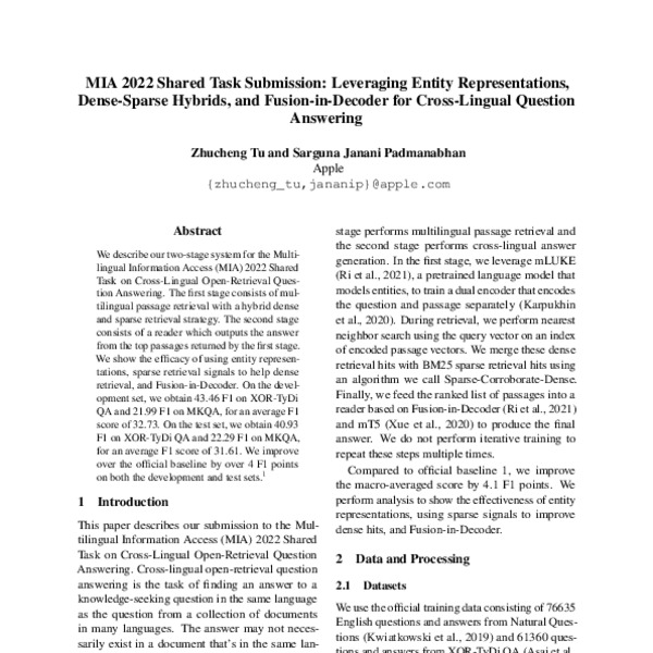 MIA 2022 Shared Task Submission: Leveraging Entity Representations ...