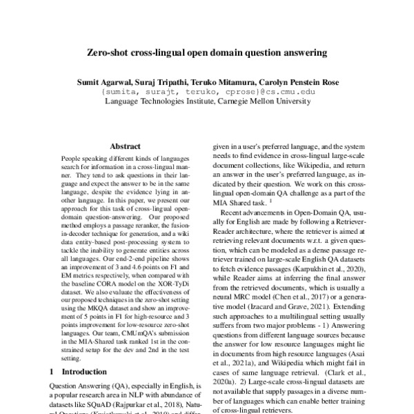 Zero-shot cross-lingual open domain question answering - ACL Anthology