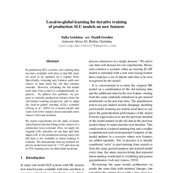 Localtoglobal learning for iterative training of production SLU