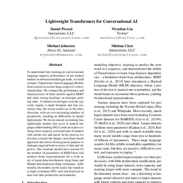 Lightweight Transformers for Conversational AI - ACL Anthology
