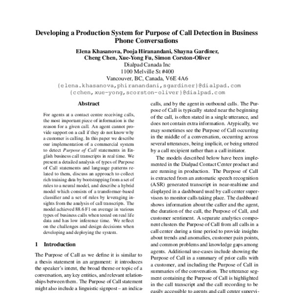 Developing a Production System for Purpose of Call Detection in
