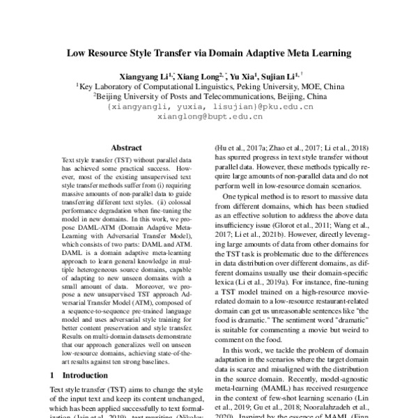 Low Resource Style Transfer via Domain Adaptive Meta Learning - ACL ...