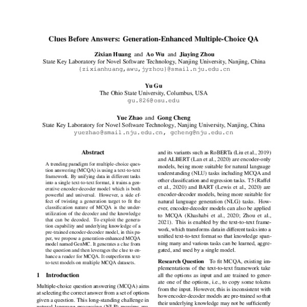 Clues Before Answers: Generation-Enhanced Multiple-Choice QA - ACL ...