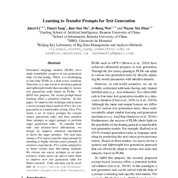 Learning to Transfer Prompts for Text Generation - ACL Anthology