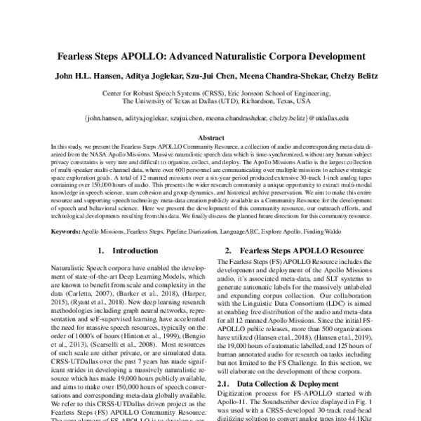 Fearless Steps APOLLO: Advanced Naturalistic Corpora Development - ACL ...