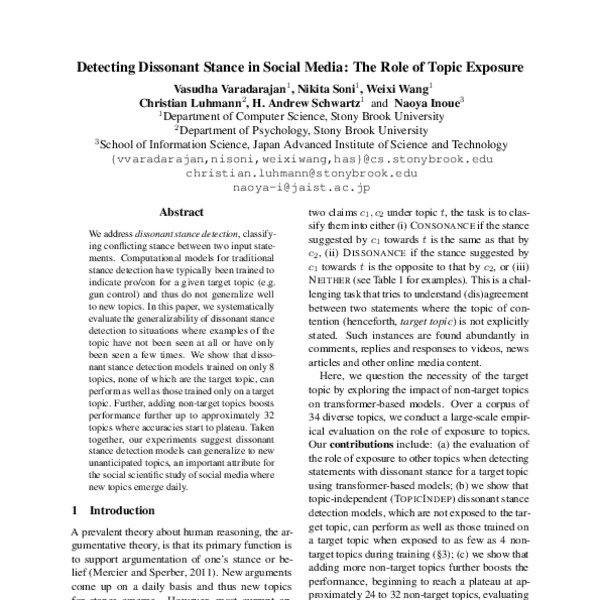 Detecting Dissonant Stance in Social Media: The Role of Topic Exposure ...
