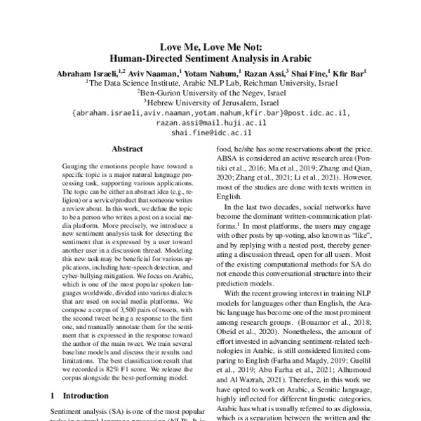 Love Me, Love Me Not: Human-Directed Sentiment Analysis in Arabic - ACL ...