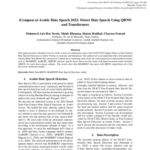 iCompass at Arabic Hate Speech 2022: Detect Hate Speech Using QRNN and ...