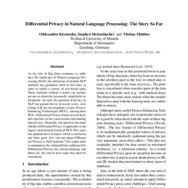 Differential Privacy in Natural Language Processing: The Story So Far ...