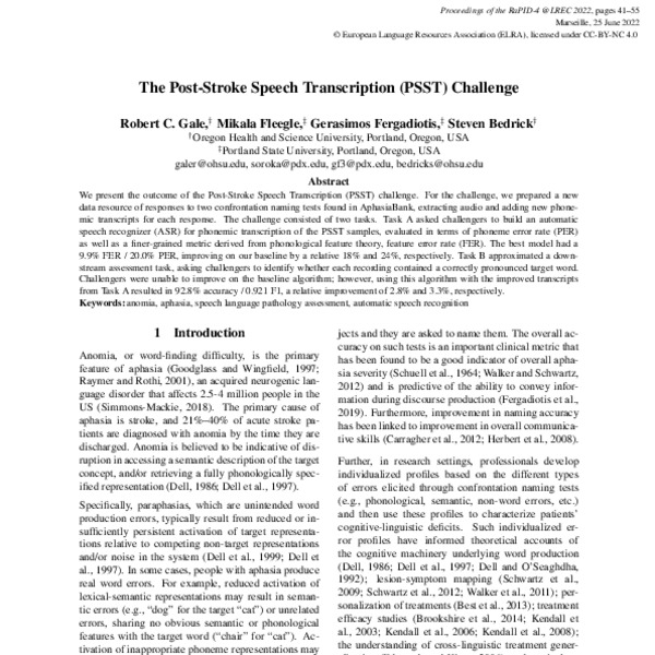 The Post-Stroke Speech Transcription (PSST) Challenge - ACL Anthology