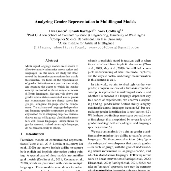 Analyzing Gender Representation in Multilingual Models - ACL Anthology