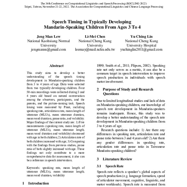 Speech Timing in Typically Developing MandarinSpeaking Children From