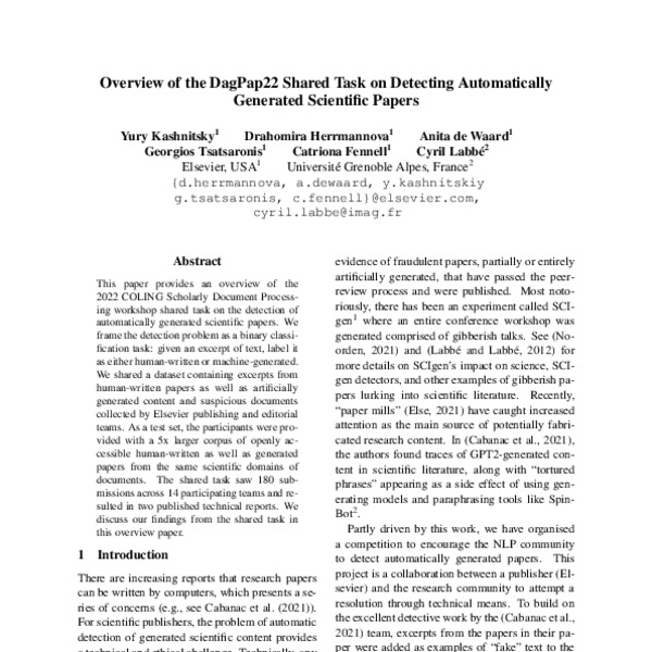 Overview of the DAGPap22 Shared Task on Detecting Automatically ...