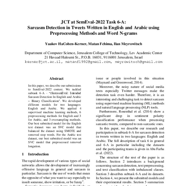 JCT at SemEval-2022 Task 6-A: Sarcasm Detection in Tweets Written in ...