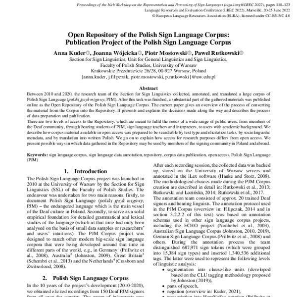 Open Repository of the Polish Sign Language Corpus: Publication Project ...