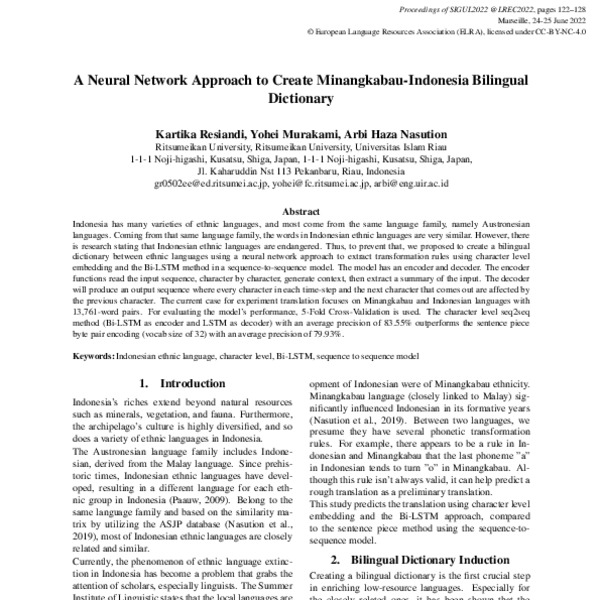 A Neural Network Approach to Create Minangkabau-Indonesia Bilingual ...