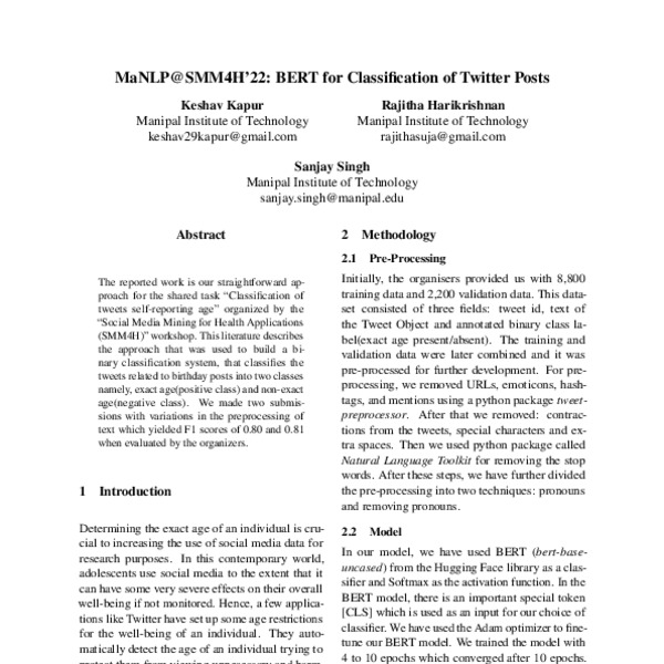 MaNLP@SMM4H’22: BERT for Classification of Twitter Posts - ACL Anthology