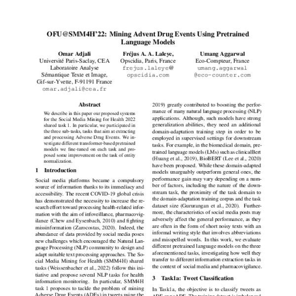 OFUSMM4H’22 Mining Advent Drug Events Using Pretrained Language