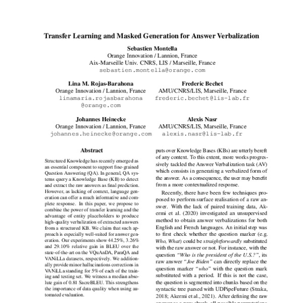 Transfer Learning and Masked Generation for Answer Verbalization - ACL ...